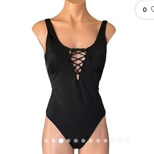 PINK VICTORIA SECRET black one piece tie front bathing suit swimsuit size large